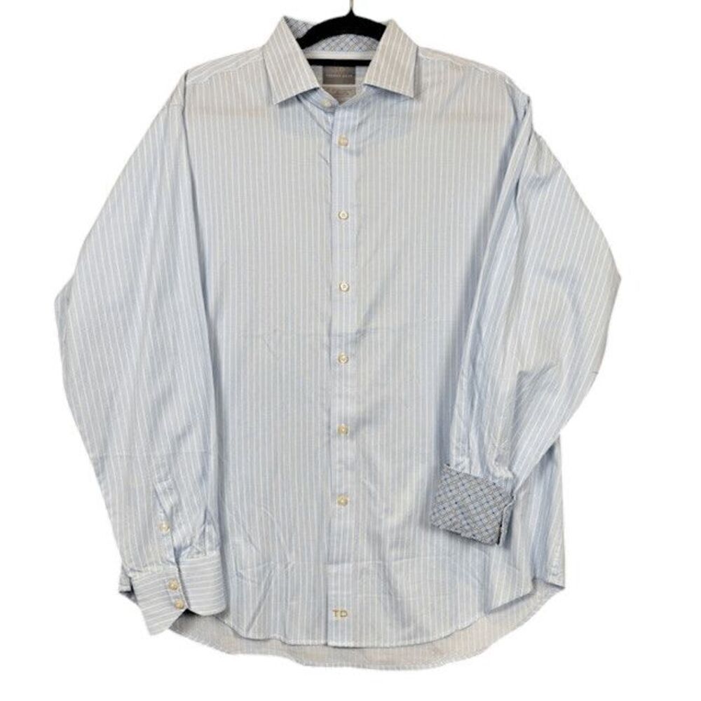 Thomas Dean Flip Cuff Contrast Stripe Button Front Shirt Blue White XL